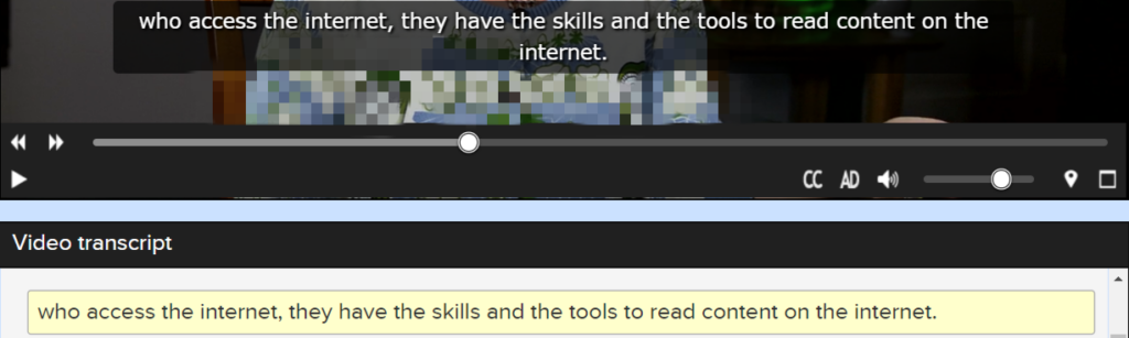 Visual representation of accessible media player with synchronized captions & text transcript