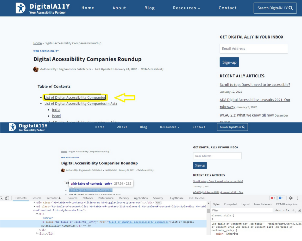 Visible Keyboard focus and code inspection  using browser Dev Tools 