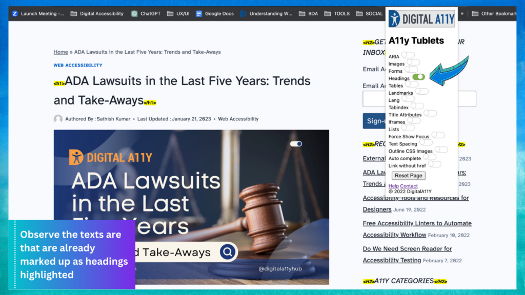 A screenshot of displaying highlighted text that has been marked up as headings.