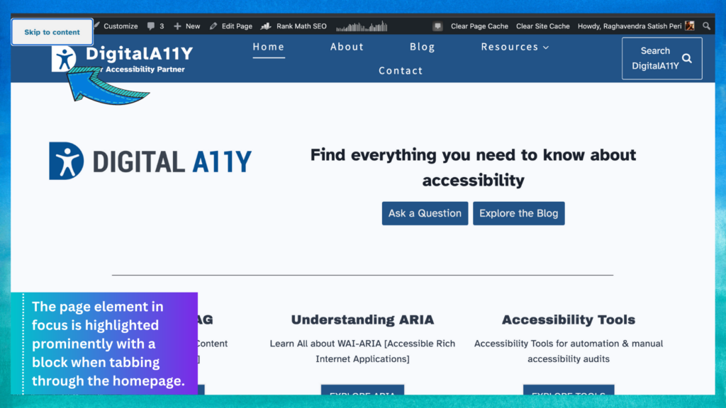 A screenshot illustrating the prominent highlighting of page elements in focus with a block when navigating using the keyboard's tab key