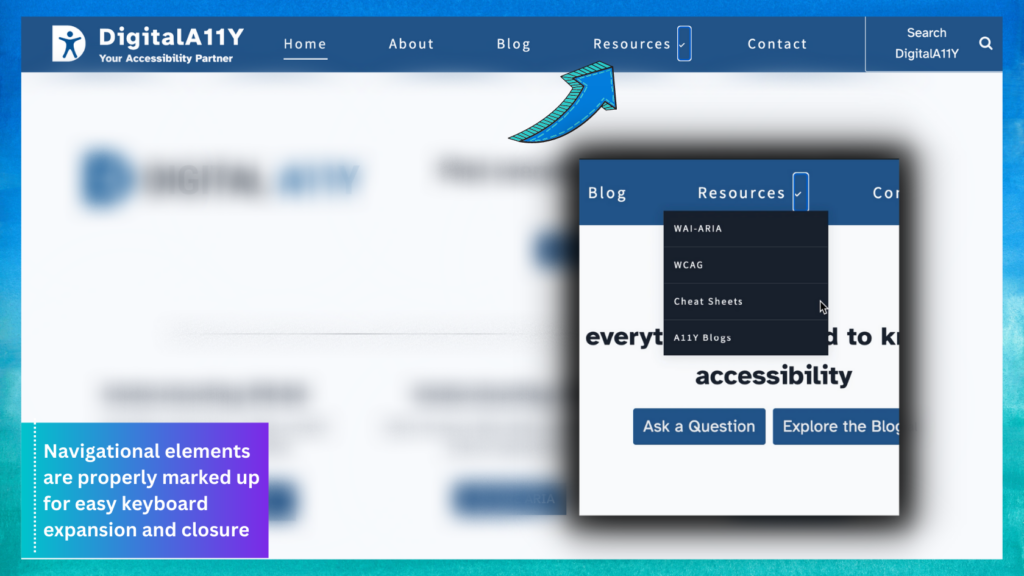 A screenshot of Effortlessly expanding and collapsing navigation with properly marked-up elements for enhanced keyboard accessibility.