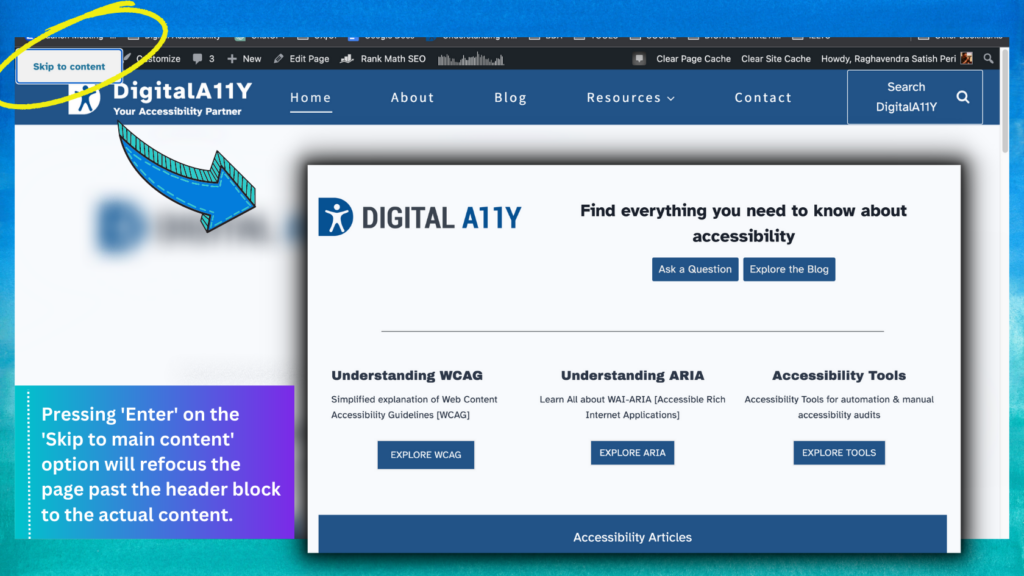 The screenshot displays a "Skip to main content" link being highlighted and focused on via keyboard tabbing