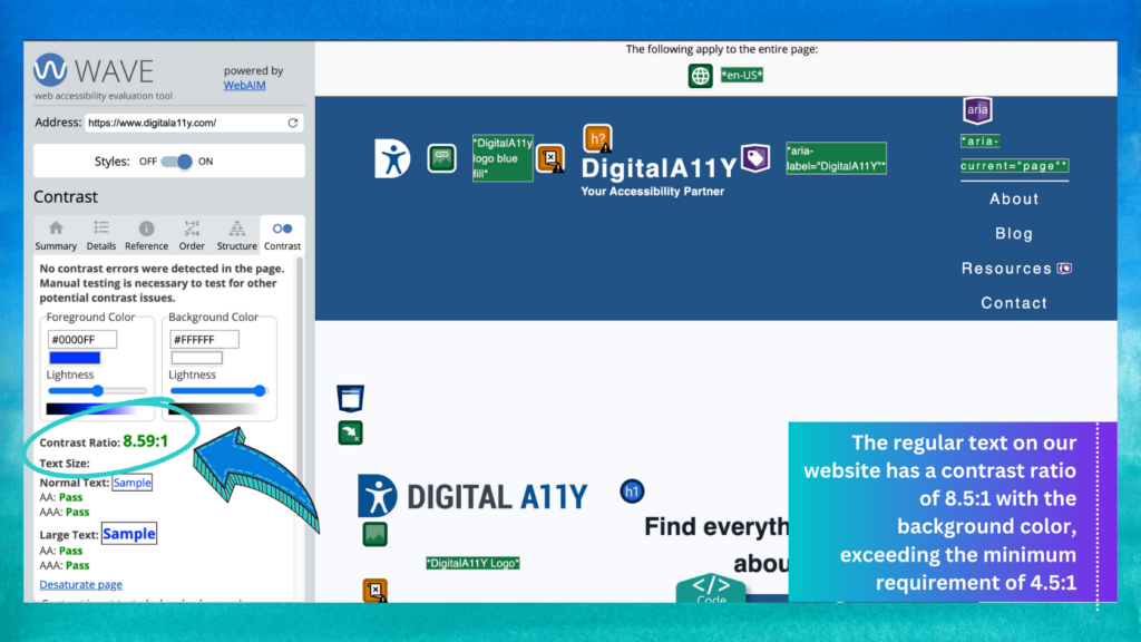 Screenshot showing WAVE tool being used to check color contrast for web accessibility.