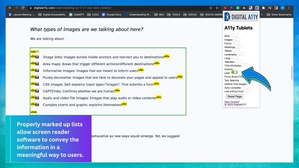 A screenshot of properly marked-up lists improves navigation and comprehension for users with assistive technologies.