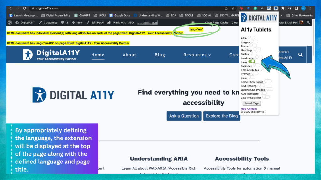 A screenshot showing language definition process to aid accessibility for language-specific needs