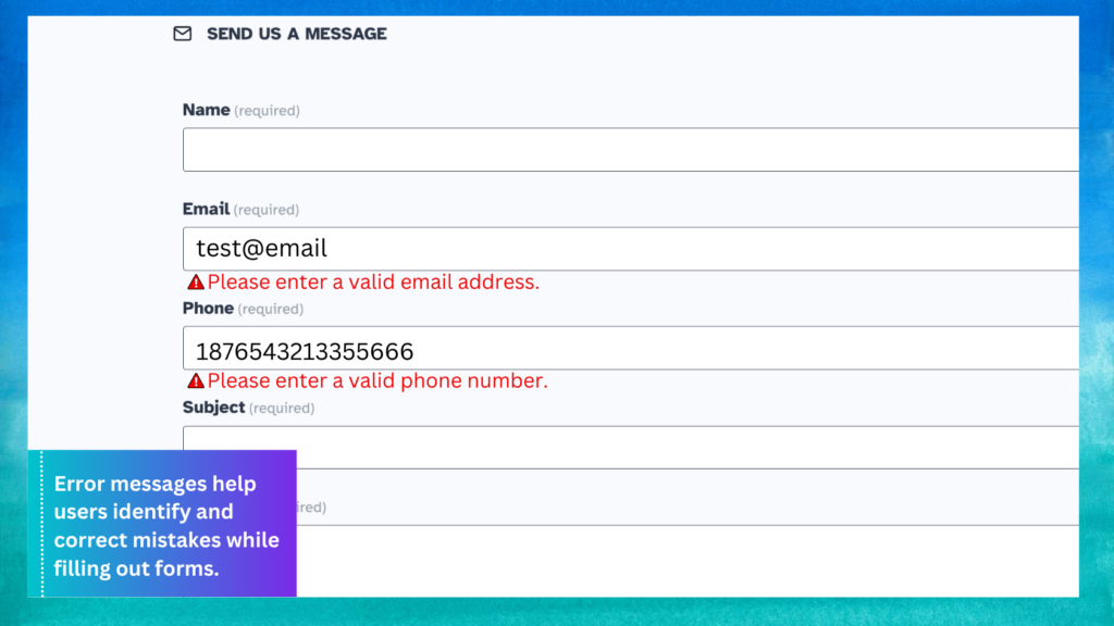 A screenshot displaying error messages that assist users in identifying and correcting mistakes while filling out a form.
