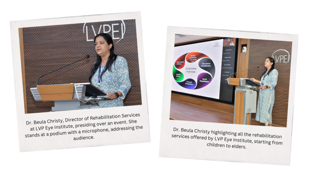 Dr. Beulah Christi, Director of Rehabilitation Services at LVP Eye Institute, stands at a podium with a microphone, addressing the audience. The backdrop features the LVP Eye Institute's logo. Dr. Christi is wearing a blue floral blouse and has a lanyard around her neck.