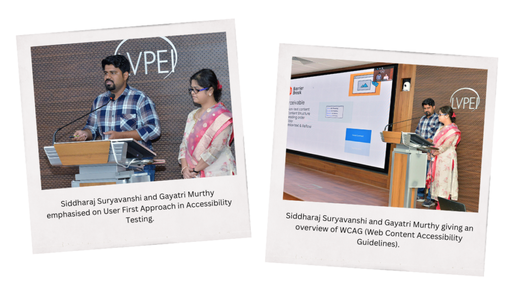 Siddharaj and Gayatri stands at a podium with a microphone. Sidddharaj is wearing a checked shirt and Gayatri is wearing floral salwar suit with pink Dupatta. The backdrop displays the LVPEI logo.