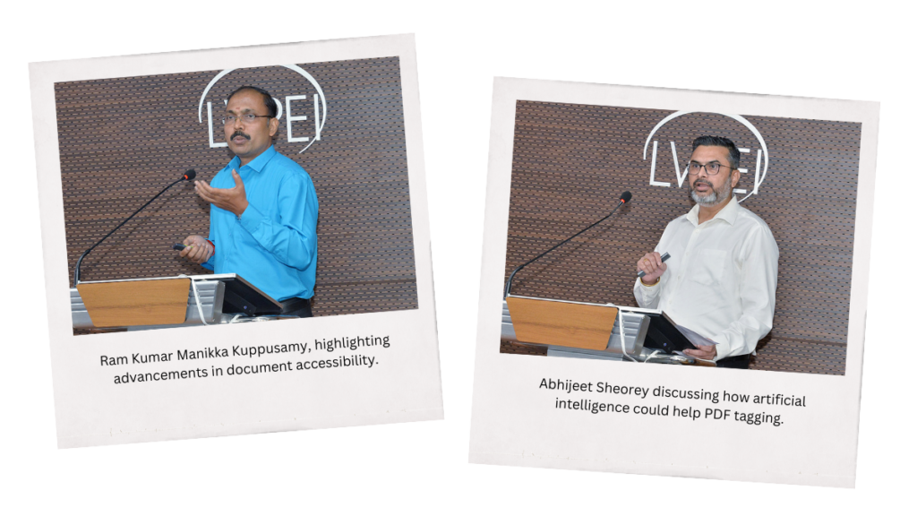 Ramkumar and Abhijeet stands at a podium with a microphone. Ramkumar is wearing a blue shirt and gestures with his left hand as he addresses the audience. Abhijeet is wearing a white shirt. The backdrop displays the LVPEI logo.