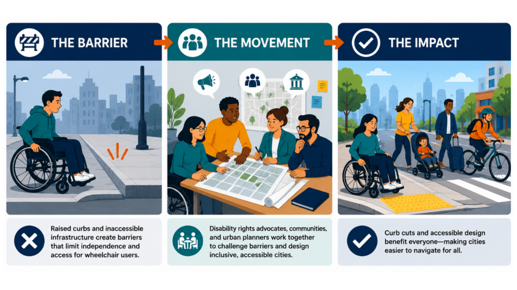 Three-panel infographic showing the evolution of curb cuts: a raised curb creating a barrier for wheelchair users, disability rights advocates working with planners, and an accessible curb ramp benefiting people with diverse mobility needs.